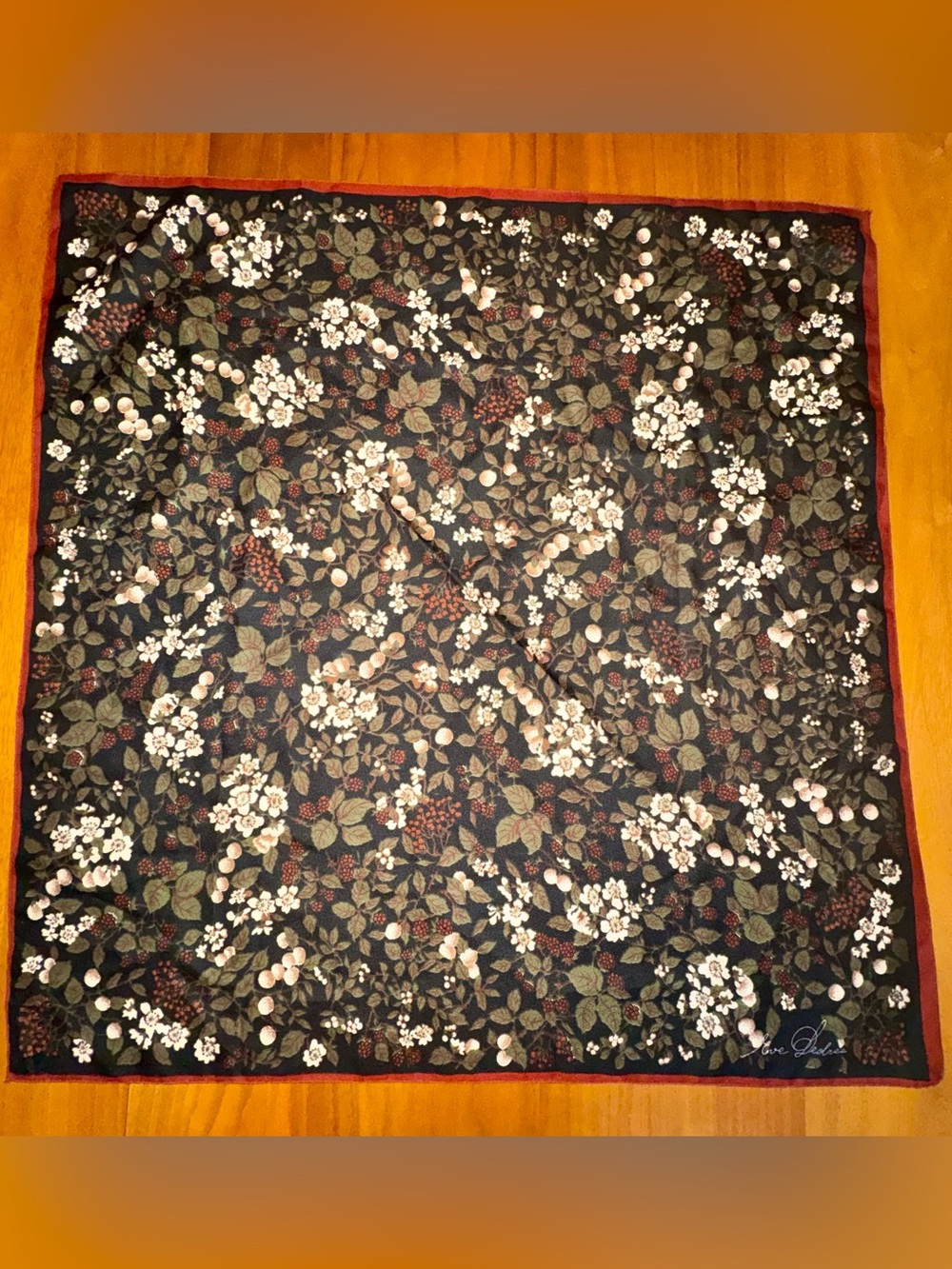 Vintage Signed Eve Dedree Charming Floral and Blackberry Printed Scarf